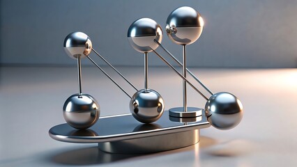 A newton's cradle with shiny metal spheres shown
