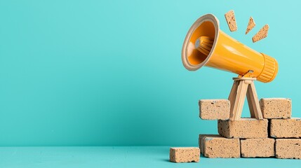 Yellow Megaphone on Brown Blocks Against Teal Background