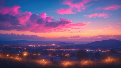 Naklejka premium Vibrant sunset with pink clouds over a cityscape and mountains in the distance. Evening scene with illuminated lights and a tranquil atmosphere.