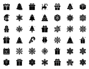 Christmas Icons Gifts with Trees, and Snow.