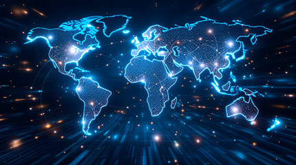 Dynamic glowing world map with connected dots representing global network and digital data flow