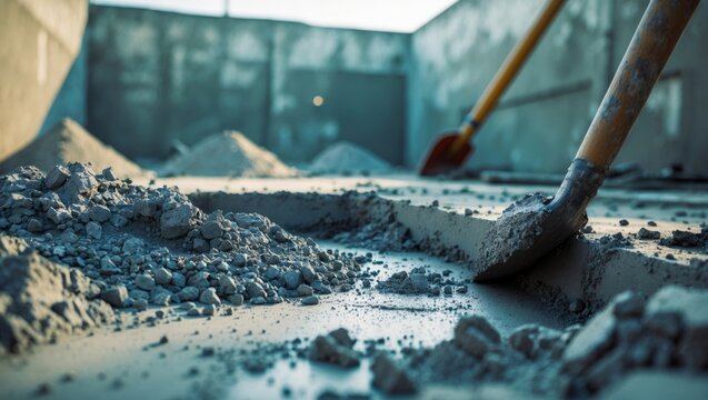 Construction site with tools and gravel, building process, construction work, and site preparation. - Powered by Adobe