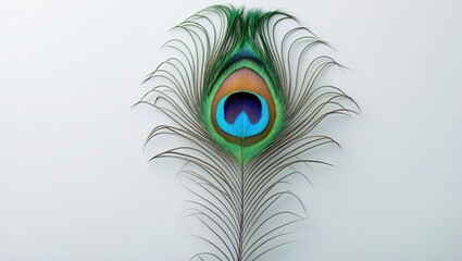 Obraz premium A peacock feather with vibrant colors and eye pattern.
