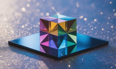 A multifaceted crystal cube rests on a reflective square, bathed in a soft, multicolored light