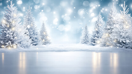 Fototapeta premium Snowy Christmas banner background with decorated pine trees and glowing lights creates festive winter sale atmosphere perfect for holiday promotions and seasonal events