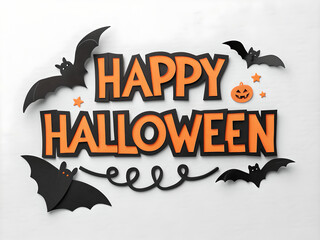 happy halloween lettering calligraphy logo with pumpkin, bat and spider web