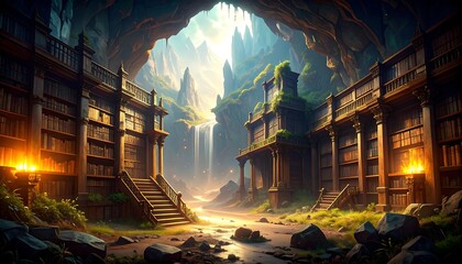 Enchanting cave library with waterfall