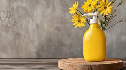 Yellow Soap Dispenser with Pump and Yellow Flowers on Wood Slab Against Gray Concrete