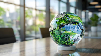 Eco-friendly office with globe showing nature, sustainability and environmental awareness