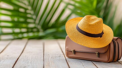 Yellow Straw Hat and Brown Leather Handbag on Wooden Surface with Tropical Background