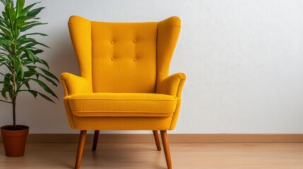 Yellow Wingback Chair and Plant Accent on Wood Floor Against Silver Patterned Wall