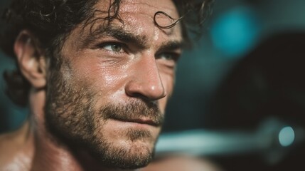 Closeup portrait of a determined, sweaty man with intense focus, embodying strength and dedication during a strenuous workout or athletic training session