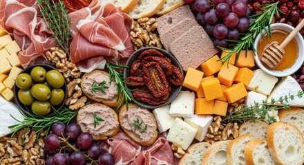 Photo of an abundant charcuterie board filled with an assortment of cheeses, cured meats, fruits, nuts, and bread