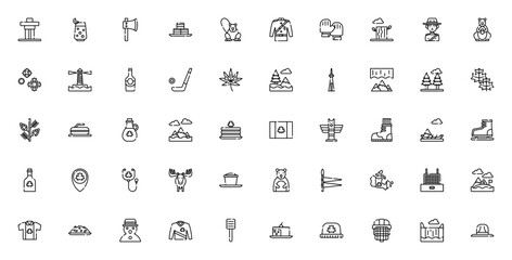Canada icon set. Minimal vector illustration pack. Includes symbols for Inukshuk, Maple leaf, Beaver, Ice hockey, Aurora borealis, CN Tower, Totem, Poutine and more. Editable stroke design. © wang
