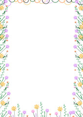 Obraz premium Vertical floral frame featuring yellow, purple and orange wildflowers with green stems and leaves surrounding a central white space.