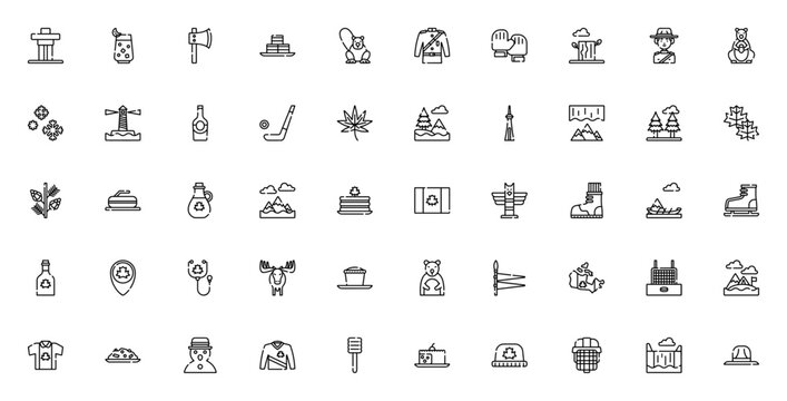 Canada icon set. Minimal vector illustration pack. Includes symbols for Inukshuk, Maple leaf, Beaver, Ice hockey, Aurora borealis, CN Tower, Totem, Poutine and more. Editable stroke design.
