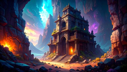 Epic fantasy ruin in vibrant landscape