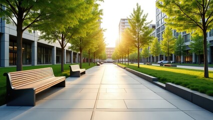 Obraz premium Modern urban walkway lined with trees and benches.