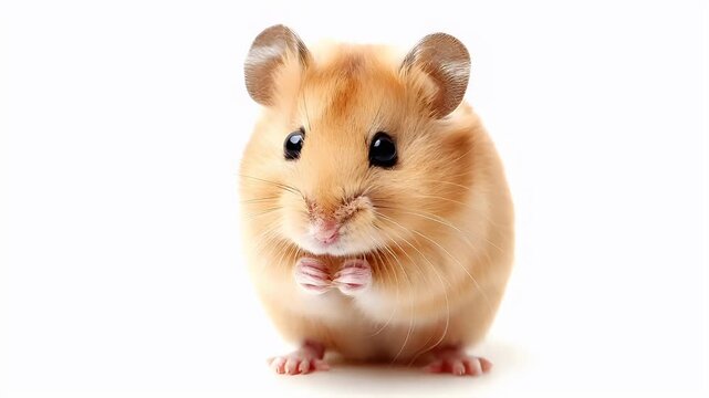 A closeup of a hamster on a white background. The hamsters fur is a light beige color, and its eyes are a darker shade of black. The texture of the hamster appears soft and fluffy.
