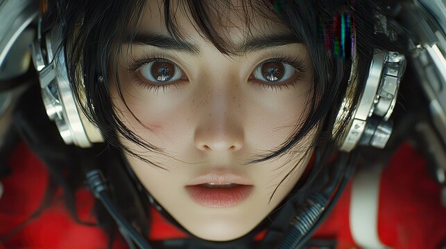 A young woman, adorned in cybernetic enhancements, her hair cascading like neon strands, headphones pulsating to a futuristic symphony of lights and sounds, embodies the vibrant blend of anime, 