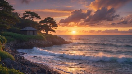 Obraz premium Sunset over the ocean with a small house and trees on the rocky shoreline. Nature scene. Coastal landscape during golden hour. Tranquil setting at dusk.