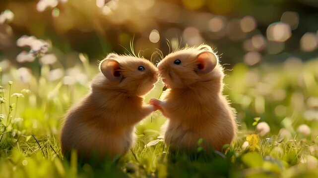 hamsters in grassy field with sunlight, closeup of two hamsters sharing a moment of interaction with each otherhamsters sharing an object in their mouths, with one hamster licking the others nose.