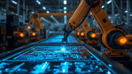 A factory floor, robotic arms working with precision, glowing digital blueprints.