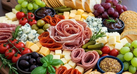 Photo of a beautifully arranged charcuterie board featuring a variety of cheeses, cured meats, fruits, and crackers