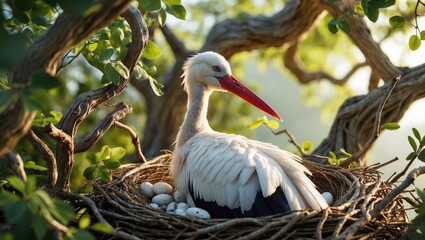 Fototapeta premium A stork in a nest with eggs, surrounded by green leaves and tree branches.