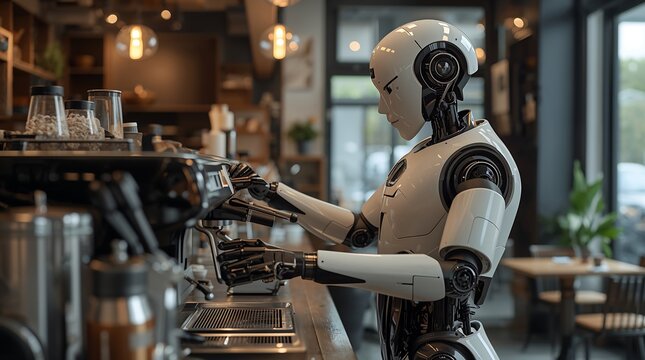 A futuristic barista robot serving coffee in a modern cafe.