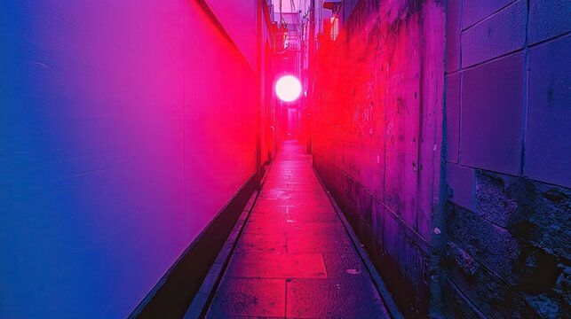 In the heart of a neon-drenched metropolis, a dimly lit alleyway pulsated with an otherworldly luminescence, its concrete walls adorned with cryptic graffiti and casting an eerie glow upon the 