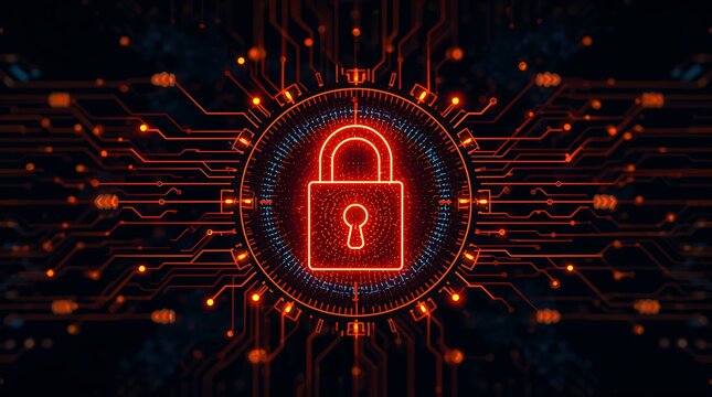 A high-tech digital lock, glowing circuits, binary code forming a secure seal.