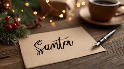 A handwritten note addressed to Santa rests on a wooden table surrounded by holiday decorations like pine branches and fairy lights. A steaming cup of coffee sits nearby