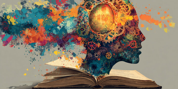 SILHOUETTE DI PROFILO UMANO CON INGRANAGGI E COLORI ASTRATTI SU UN LIBRO APERTO