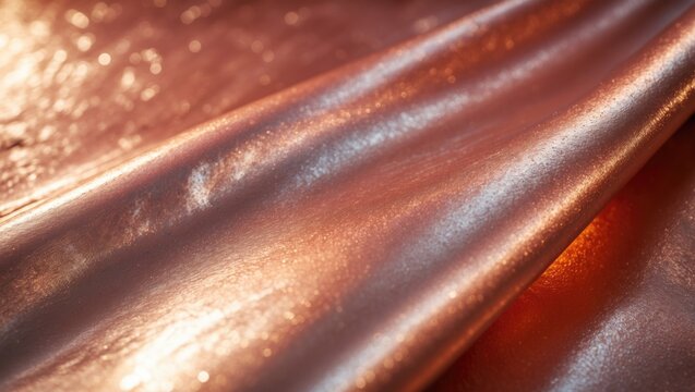 Close-up of shiny metallic fabric with a copper tone and glittery surface.