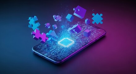 Abstract digital technology concept with glowing circuits and puzzle pieces