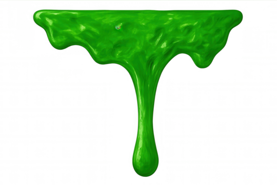 Viscous green slime dripping, transparent backdrop revealing slimy, gooey texture and liquid-like movement