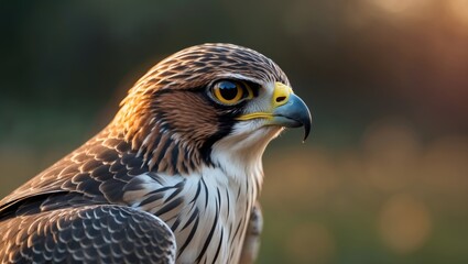Fototapeta premium Close-up of a hawk's head with detailed feathers, sharp beak, and keen eye, set against a blurred background at sunset.