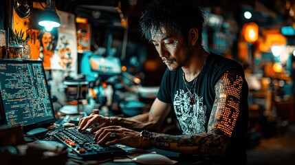 In the neon-drenched labyrinth of a futuristic metropolis, a skilled cyberpunk hacker, clad in black leather and glowing cybernetic implants, navigated a digital realm of holographic interfaces, 