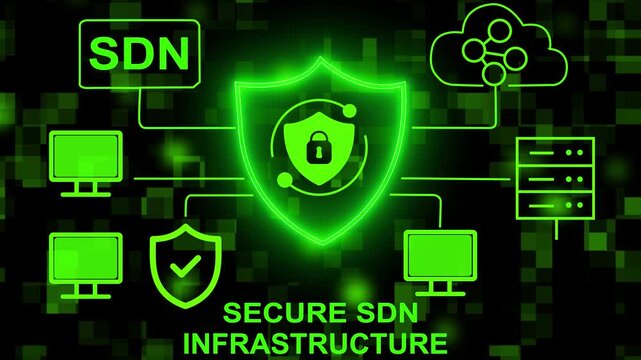 A visual representation of secure SDN infrastructure, showcasing interconnected devices with a focus on cybersecurity. Ideal for business presentations or tech-related content. 4k video.