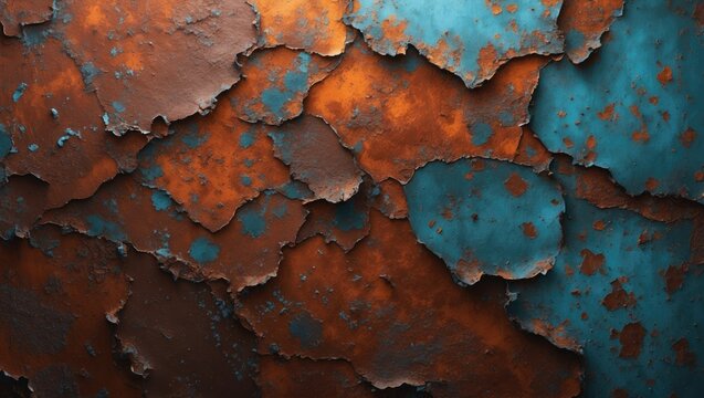 Peeling rusted paint on metal surface with orange and blue patches.
