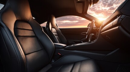 Luxurious black leather seats and modern dashboard elements are highlighted in the interior of a sports car during a stunning sunset, creating an inviting atmosphere