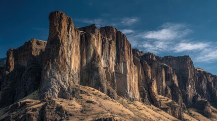 Obraz premium Towering rock cliffs rise sharply against a bright blue sky, showcasing their rugged texture and the surrounding natural landscape during the day