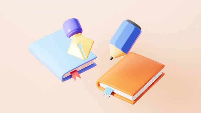 Cartoon books , pen, pencil and so on stationery, 3d rendering.