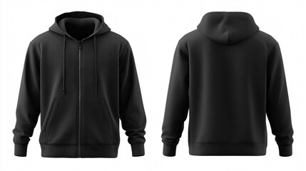 Stylish Men's Black Hoodie with Zipper, Front View for Fashion Blog, Catalogs, and Websites