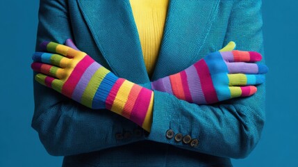 A person in a blue blazer with rainbow-striped sleeves and a yellow sweater crosses their arms