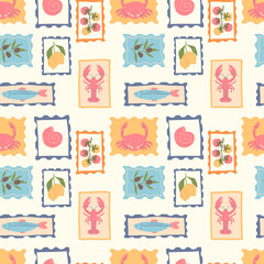 Seamless pattern of summer vintage stamps on a light background