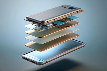 Exploded view of a disassembled smartphone layers