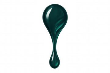 Teal green liquid dropping, creating translucent splash pattern with dynamic fluid movement against clear backdrop