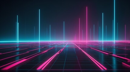 Futuristic digital landscape with glowing pink and cyan neon lines creating a virtual reality grid concept.
